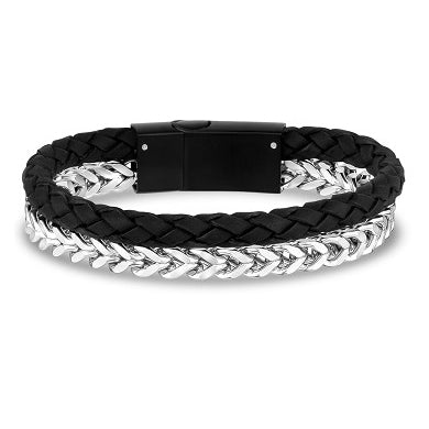 ARZ Steel Black and Steel Woven Leather and Steel Split Bracelet