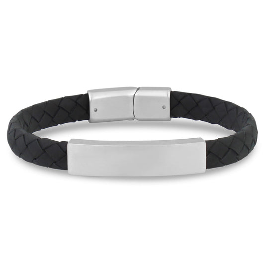 ARZ Steel Flat Cross Woven Leather with Silver ID Plaque Bracelet