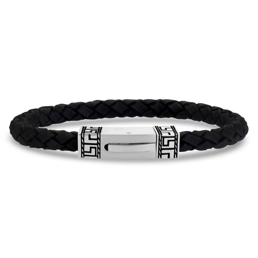 ARZ Steel Tribal Decal Clasp with Black Crossover Woven Leather Bracelet