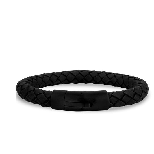 ARZ Steel Thick Black Weaved Leather Bracelet
