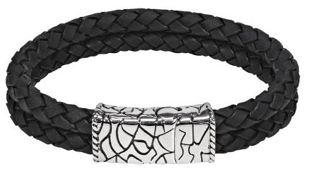 ARZ Steel Textured Face with double Cross Woven Leather Bracelet