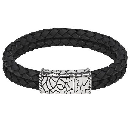 ARZ Steel Textured Face with Black double Cross Woven Leather Bracelet