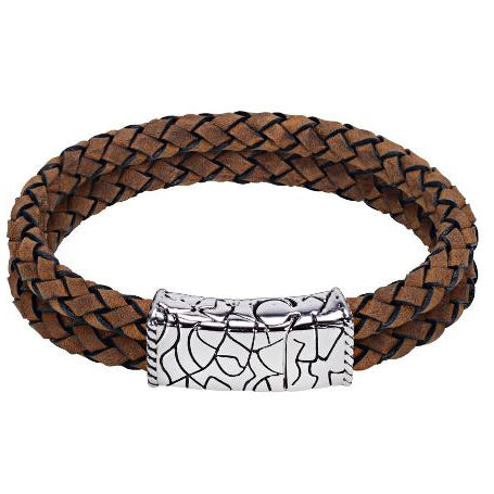 ARZ Steel Textured Face with double Brown Cross Woven Leather Bracelet