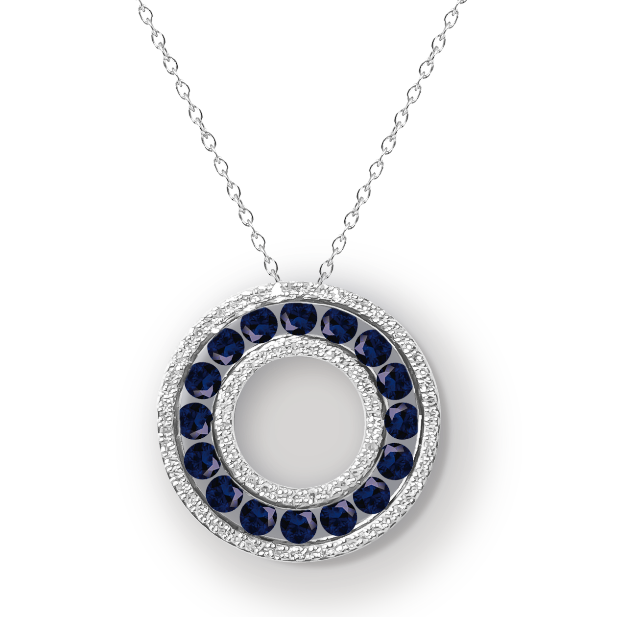 17mm Sapphire and Diamond Halo Circle of Life Pendant in 9ct White Gold on Chain
