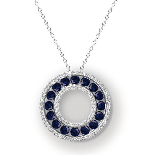 17mm Sapphire and Diamond Halo Circle of Life Pendant in 9ct White Gold on Chain