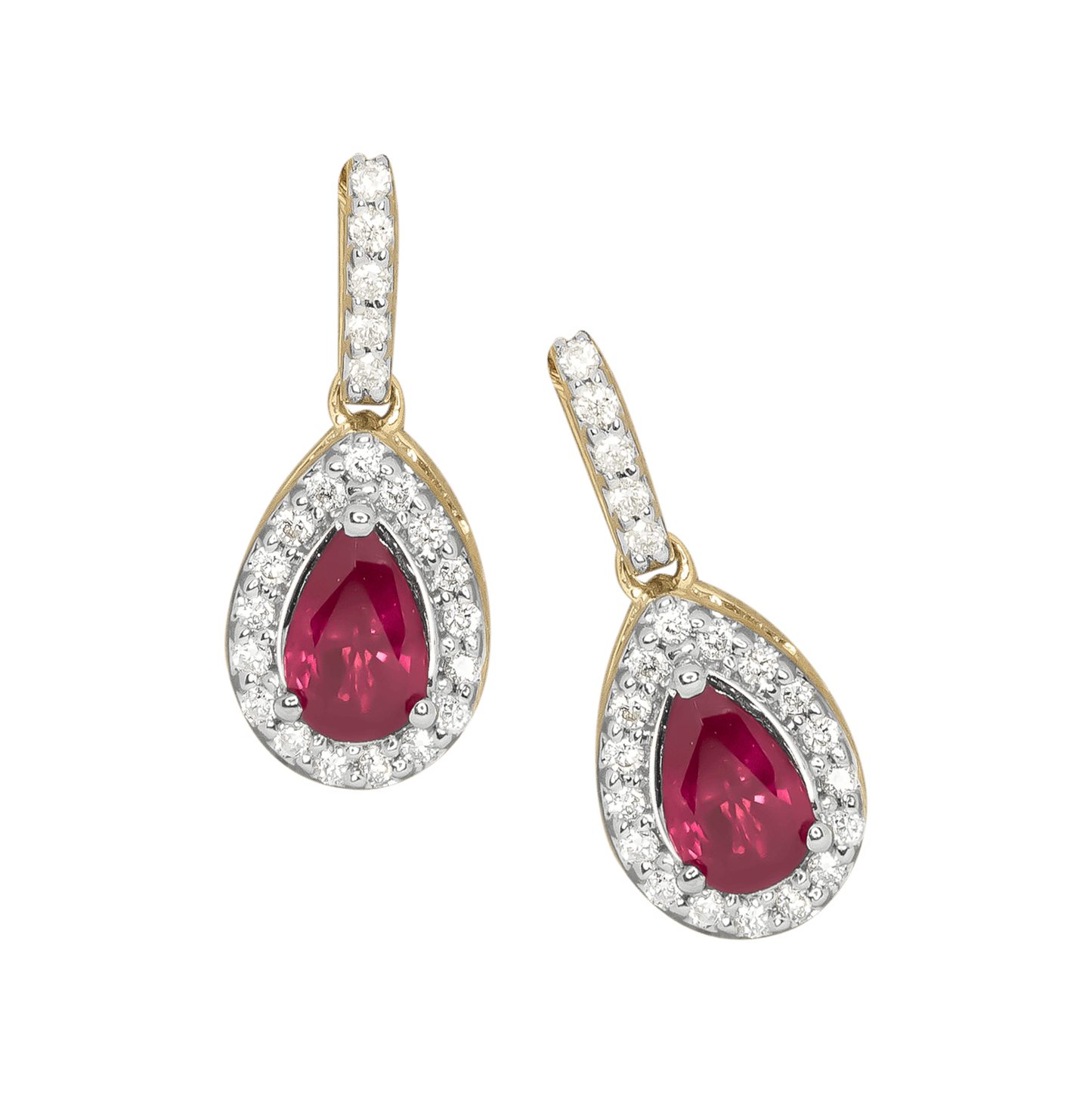 0.52ct Ruby and Diamond Pear Shaped Halo Drop Studs in 9ct Yellow Gold