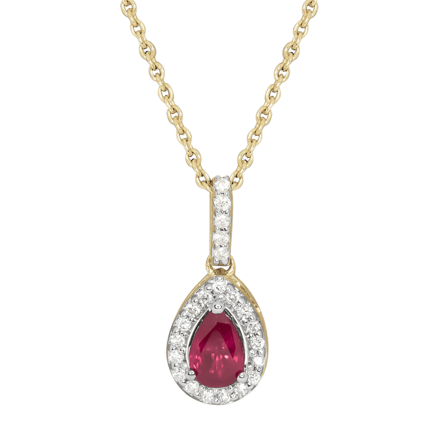0.22ct Ruby and Diamond Pear Shaped Halo Necklace in 9ct Yellow Gold