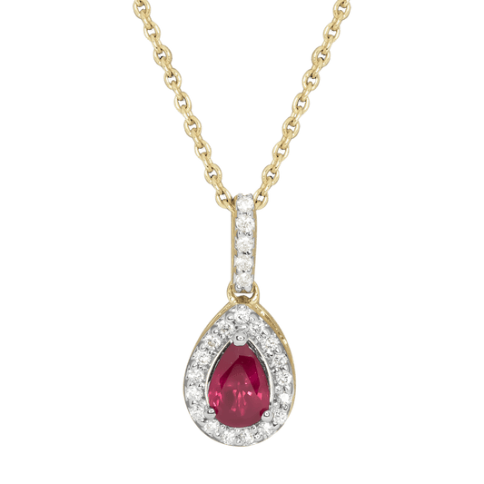 0.22ct Ruby and Diamond Pear Shaped Halo Necklace in 9ct Yellow Gold