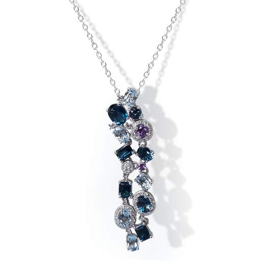 4cm Amethyst, Sky Topaz, London Topaz and Diamond Drop Pendant in 9ct White Gold on Chain