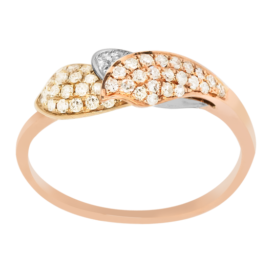 A beautiful overlapping leaf ring design decorated with diamonds in all three gold settings.