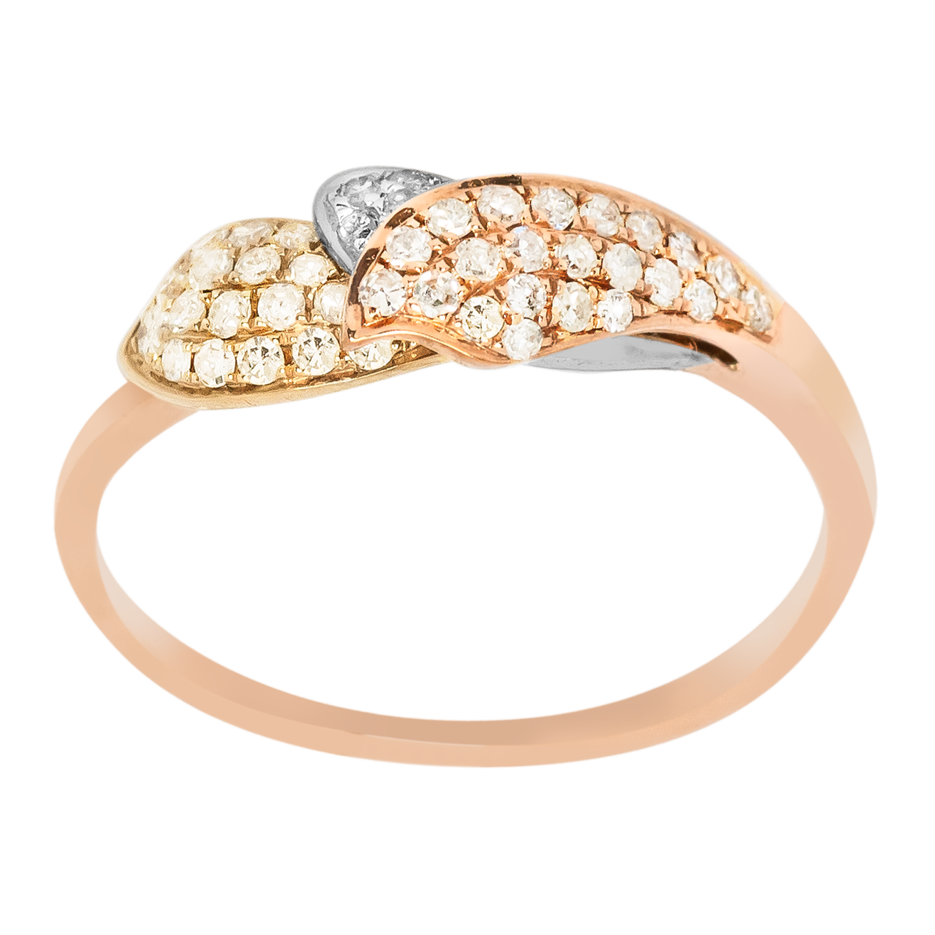 A beautiful overlapping leaf ring design decorated with diamonds in all three gold settings.