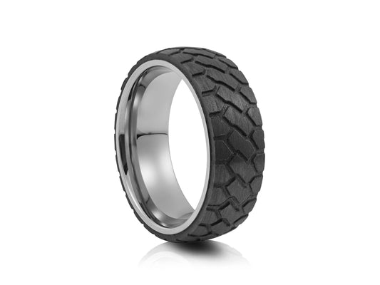 8mm Tungsten Ring - Silver with Rubberised Tyre Design