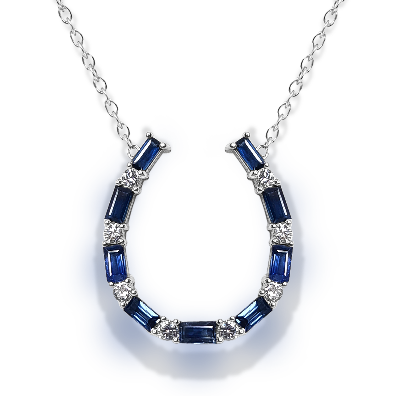 22mm Sapphire and Diamond Horseshoe Pendant in 18ct White Gold on Chain