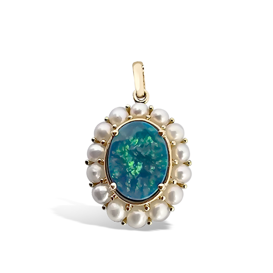 14mm Opal and Pearl Pendant in 9ct Yellow Gold on Chain