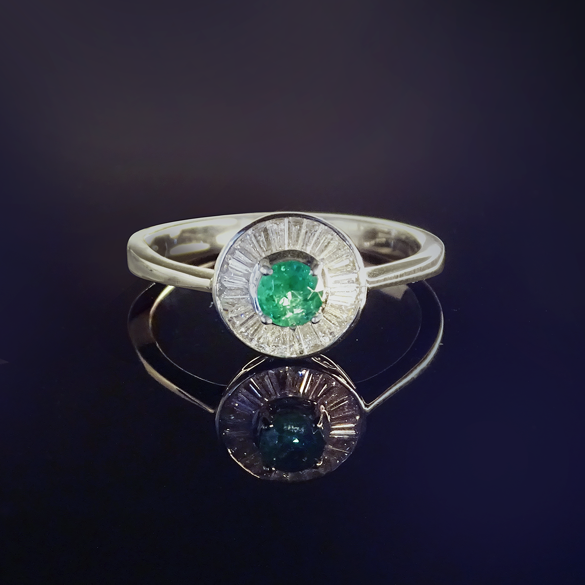 0.23ct Emerald and Diamond Baguette Halo Ring in 9ct White Gold