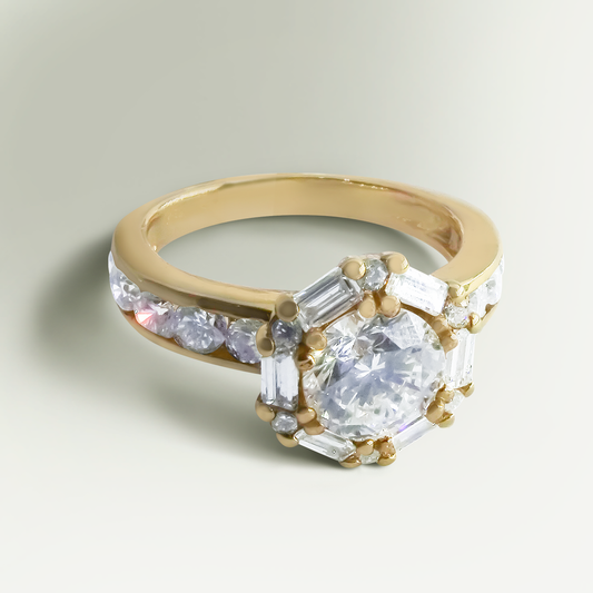 1.05ct Lab-Grown Diamond Baguette Halo Ring in 9ct Yellow Gold