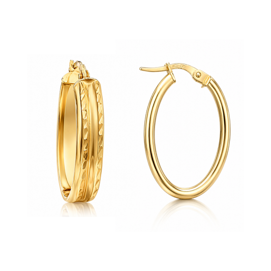 9ct Yellow Gold Oval Pattern Hoop Earrings