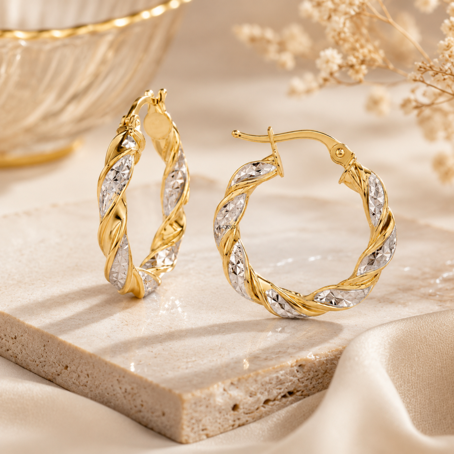 9ct Two Tone Gold 23mm Twist Hoop Earrings
