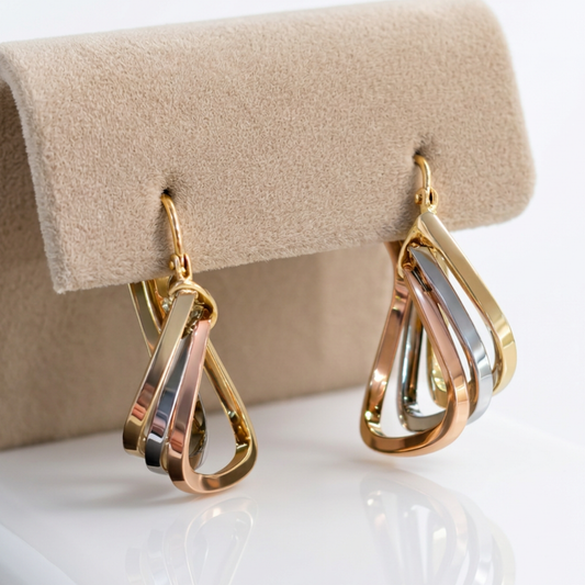 9ct Tri Gold Square Drop Hoops 23mm x 26mm