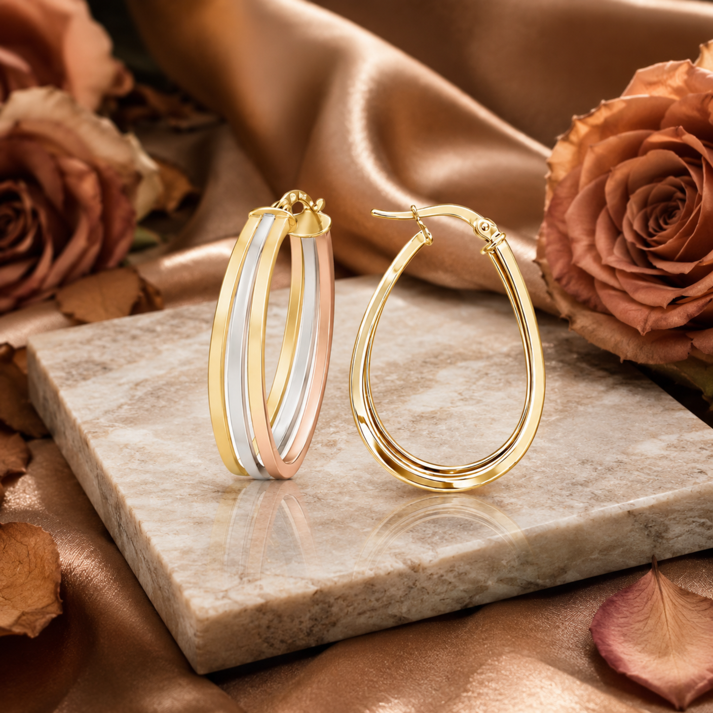 9ct Tri Gold Oval Hoop Earrings