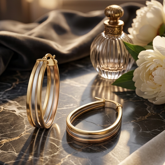 9ct Tri Gold Oval Hoop Earrings