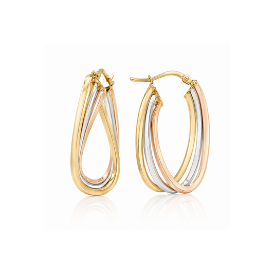 9ct Tri Gold Oval Twist Hoops 18mm x 28mm