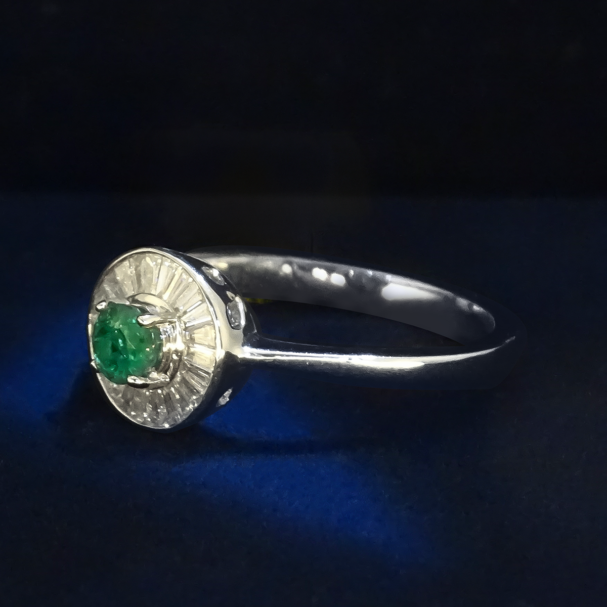 0.23ct Emerald and Diamond Baguette Halo Ring in 9ct White Gold