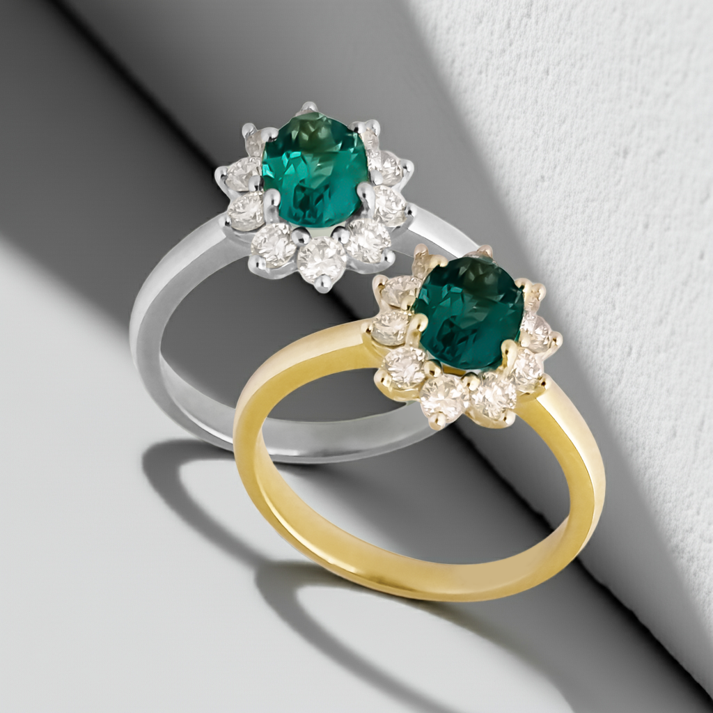 0.72ct Lab-Grown Diamond Halo with Emerald Engagement Ring in 9ct Gold