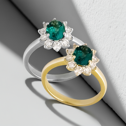 0.72ct Lab-Grown Diamond Halo with Emerald Engagement Ring in 9ct Gold