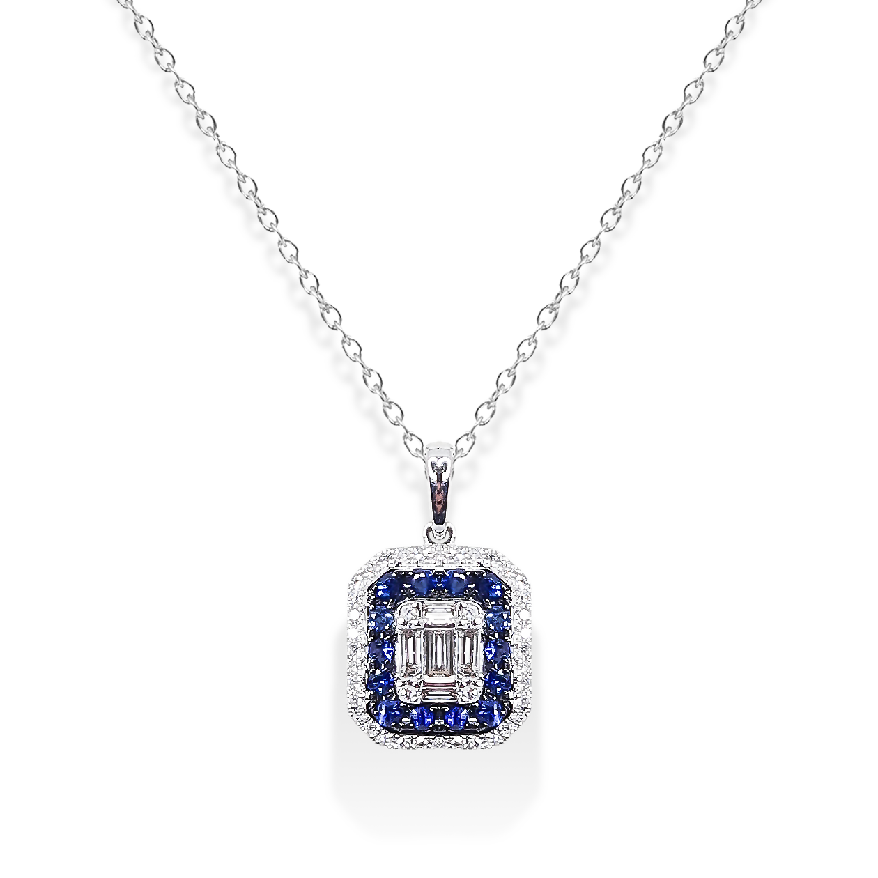 12mm Sapphire and Diamond Baguette Halo Pendant in 9ct White Gold on Chain