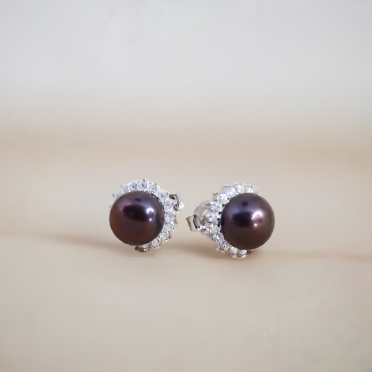 Tahitian Black Pearl and Cubic Zirconias Huggies Studs in Sterling Silver