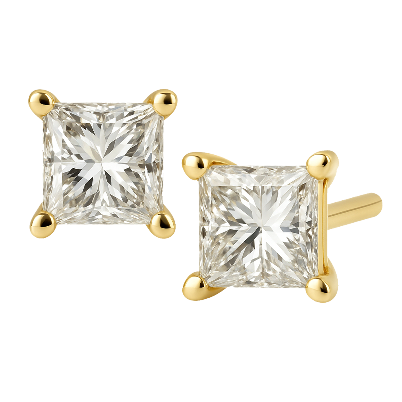 Pair of gold stud earrings with clear gemstones on a white background
