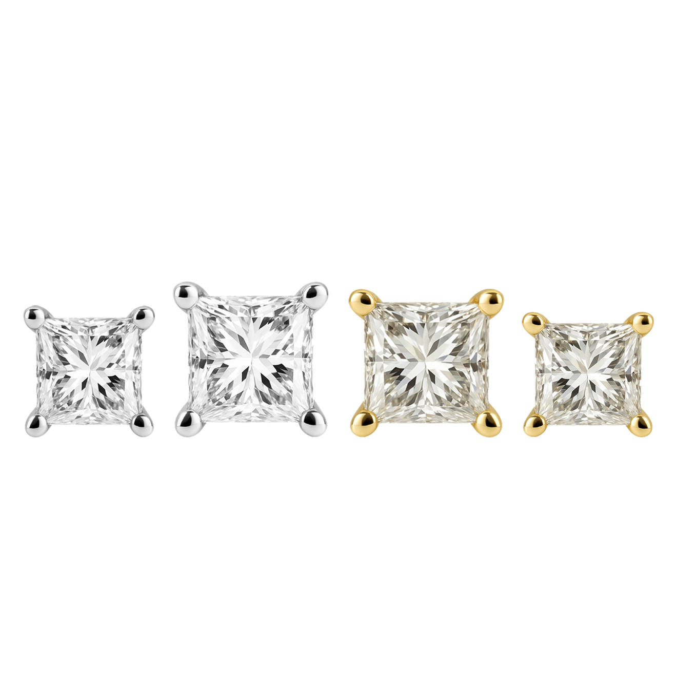 Pair of diamond stud earrings, one in white gold and one in yellow gold, on a white background.