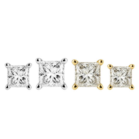 Pair of diamond stud earrings, one in white gold and one in yellow gold, on a white background.