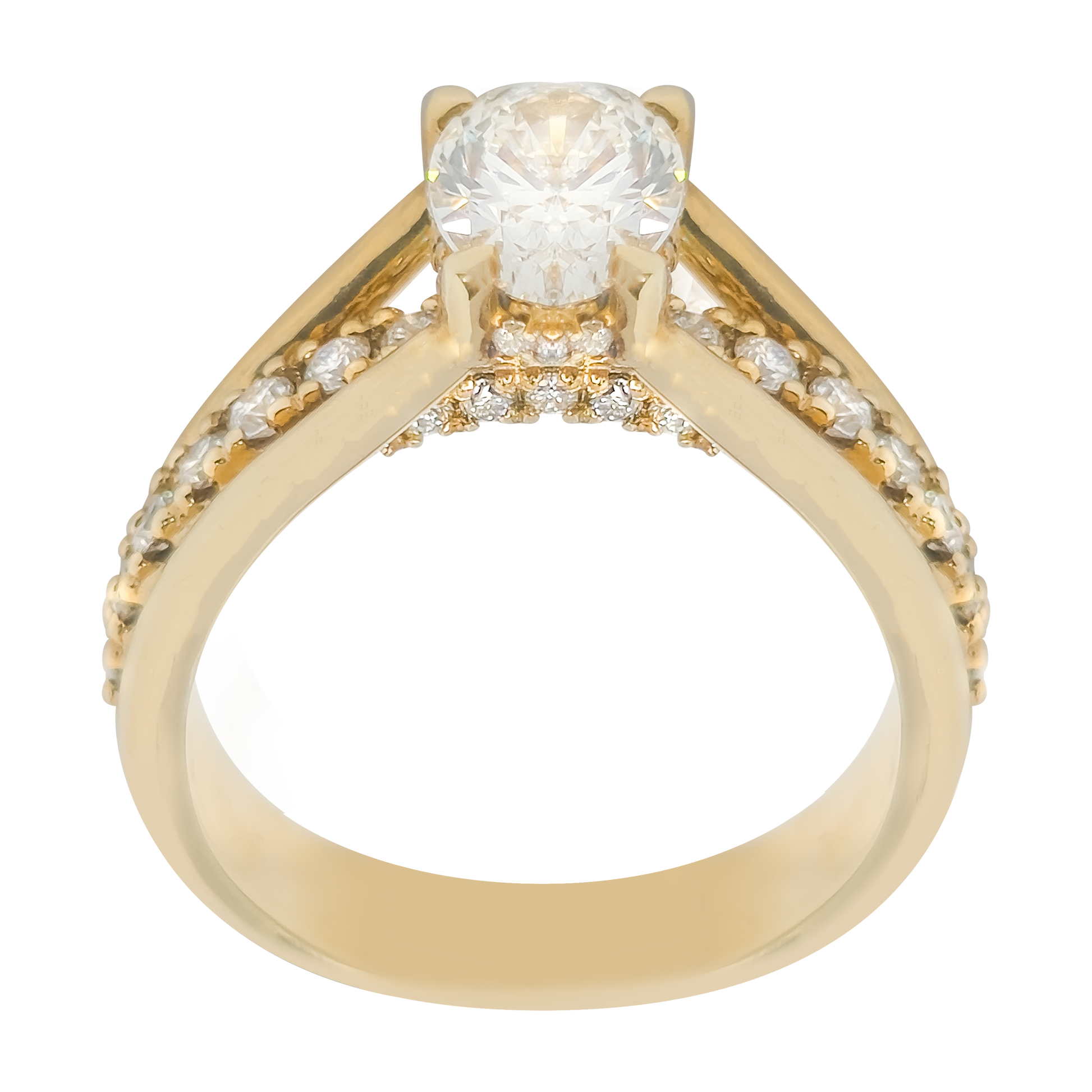 Gold ring with a diamond on a white background