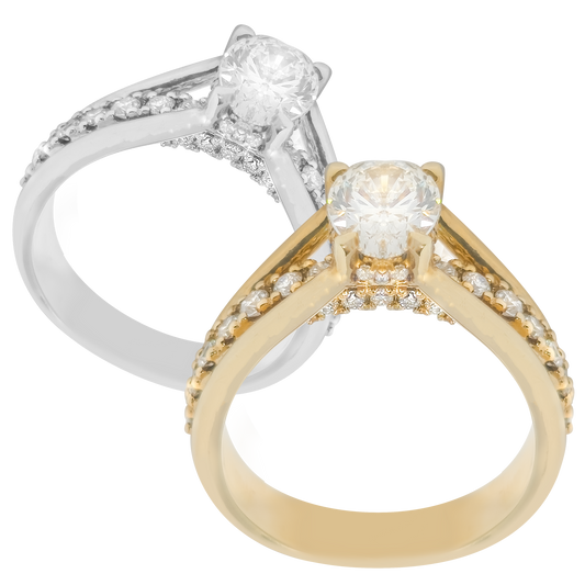 Two diamond rings, one gold and one silver, on a white background
