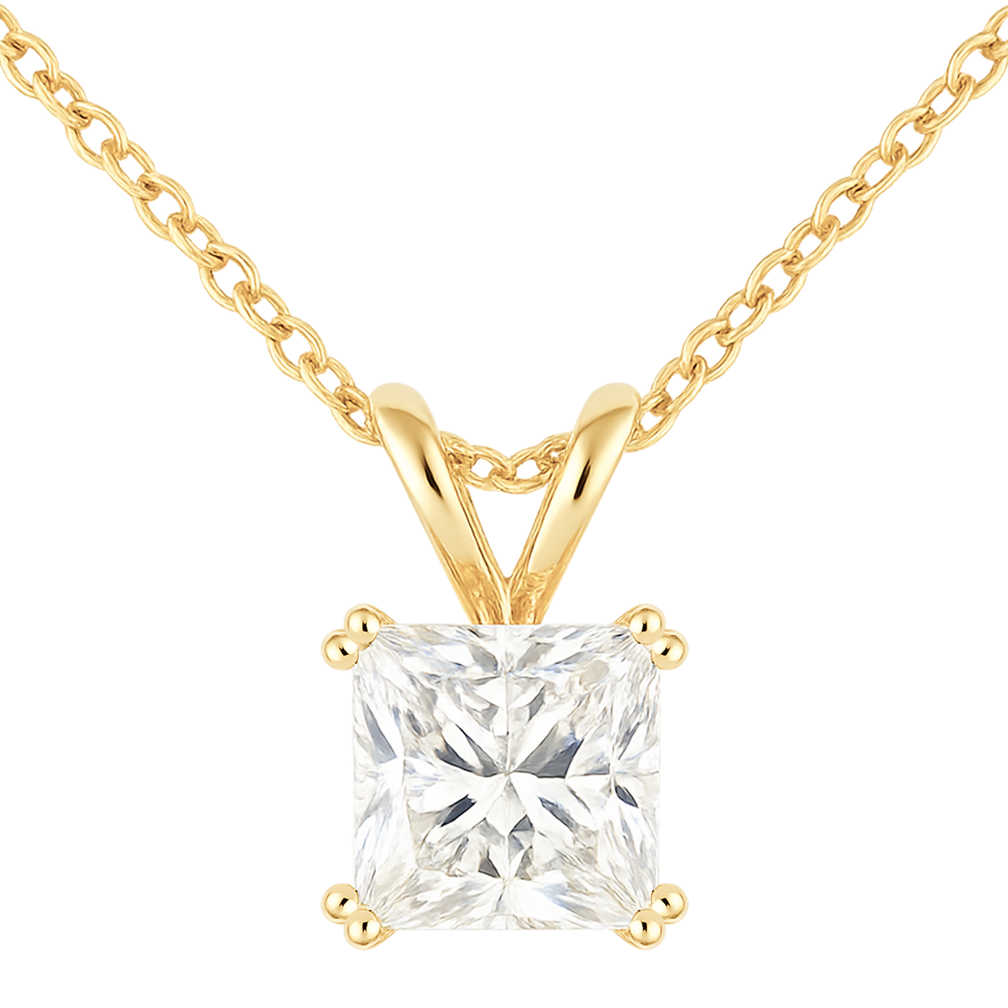 Gold necklace with a clear square-cut pendant on a white background