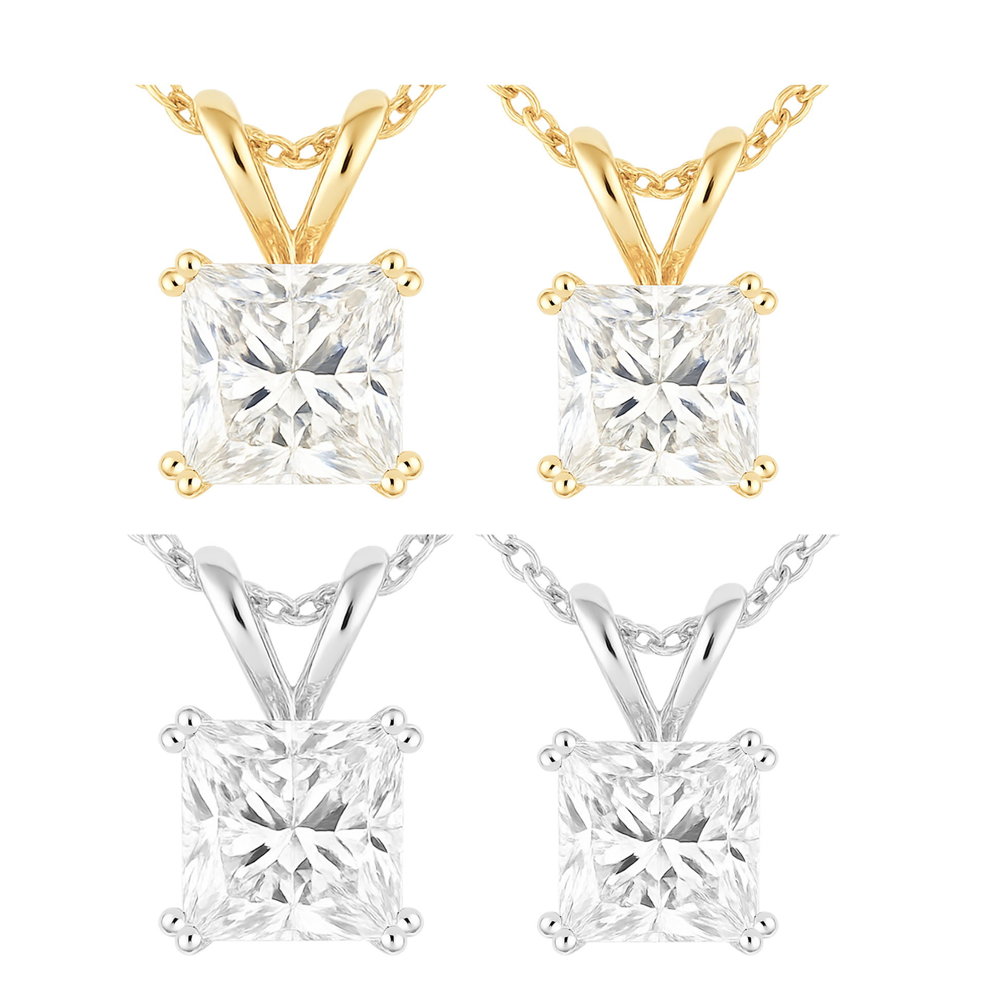 Gold and silver square-cut gemstone pendants on white background