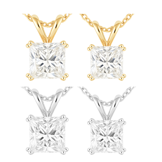 Gold and silver square-cut gemstone pendants on white background