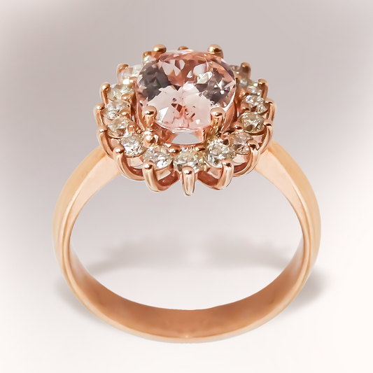 2.60ct Morganite Oval with Halo Diamonds Royal Claw Setting Ring in 9ct Rose Gold