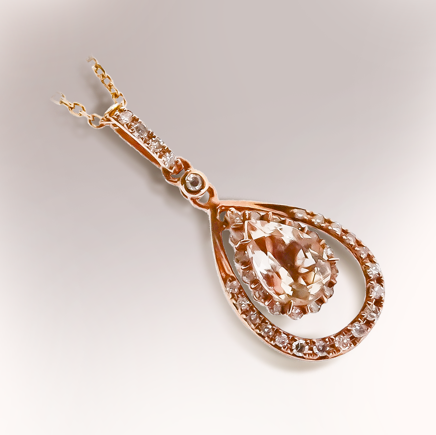 0.50ct Morganite Tear Pendant with double Diamond hang Halo in 9ct Rose Gold on Chain