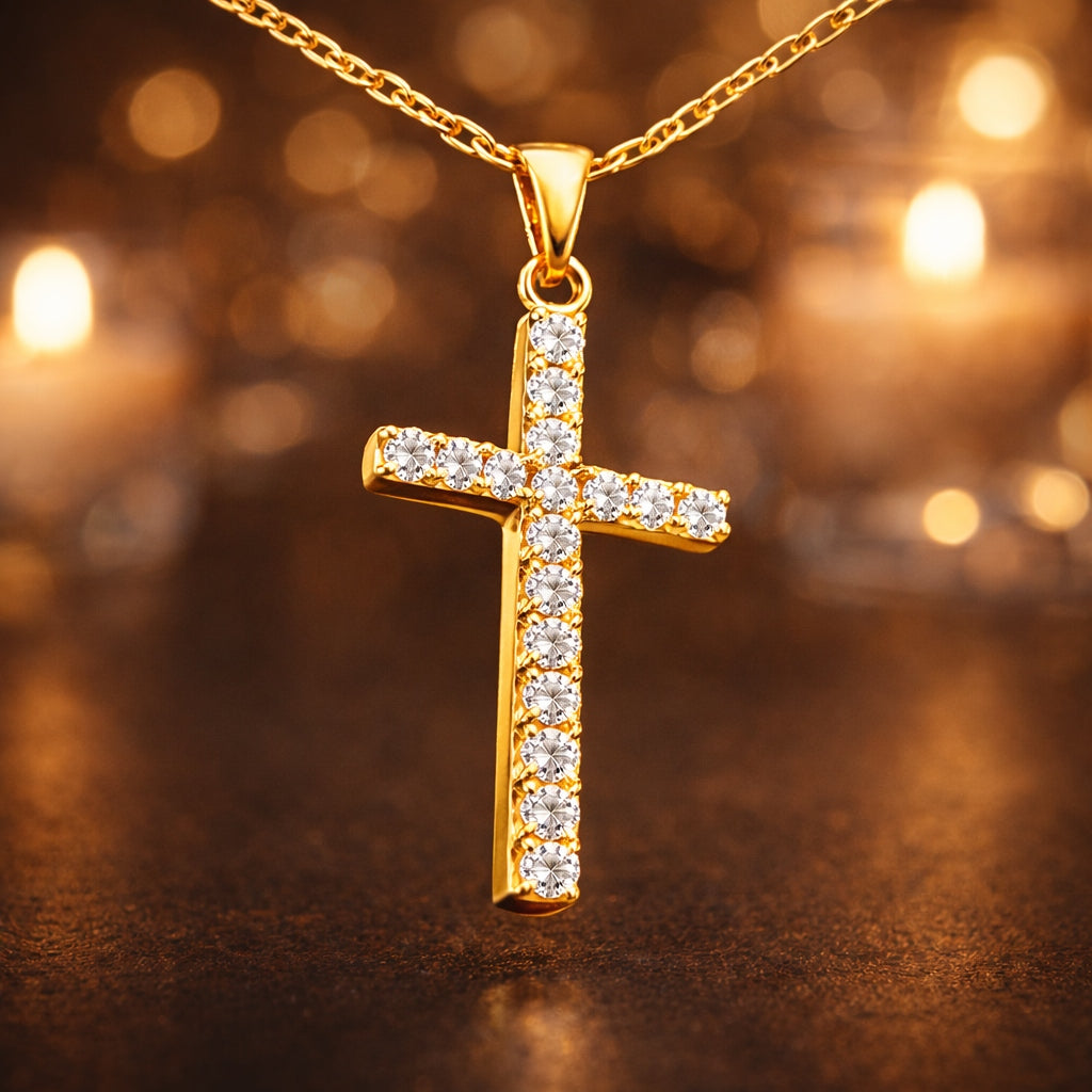 Cross Pendant with Lab-Grown Diamonds in 9ct Yellow Gold (30mmx17mm)