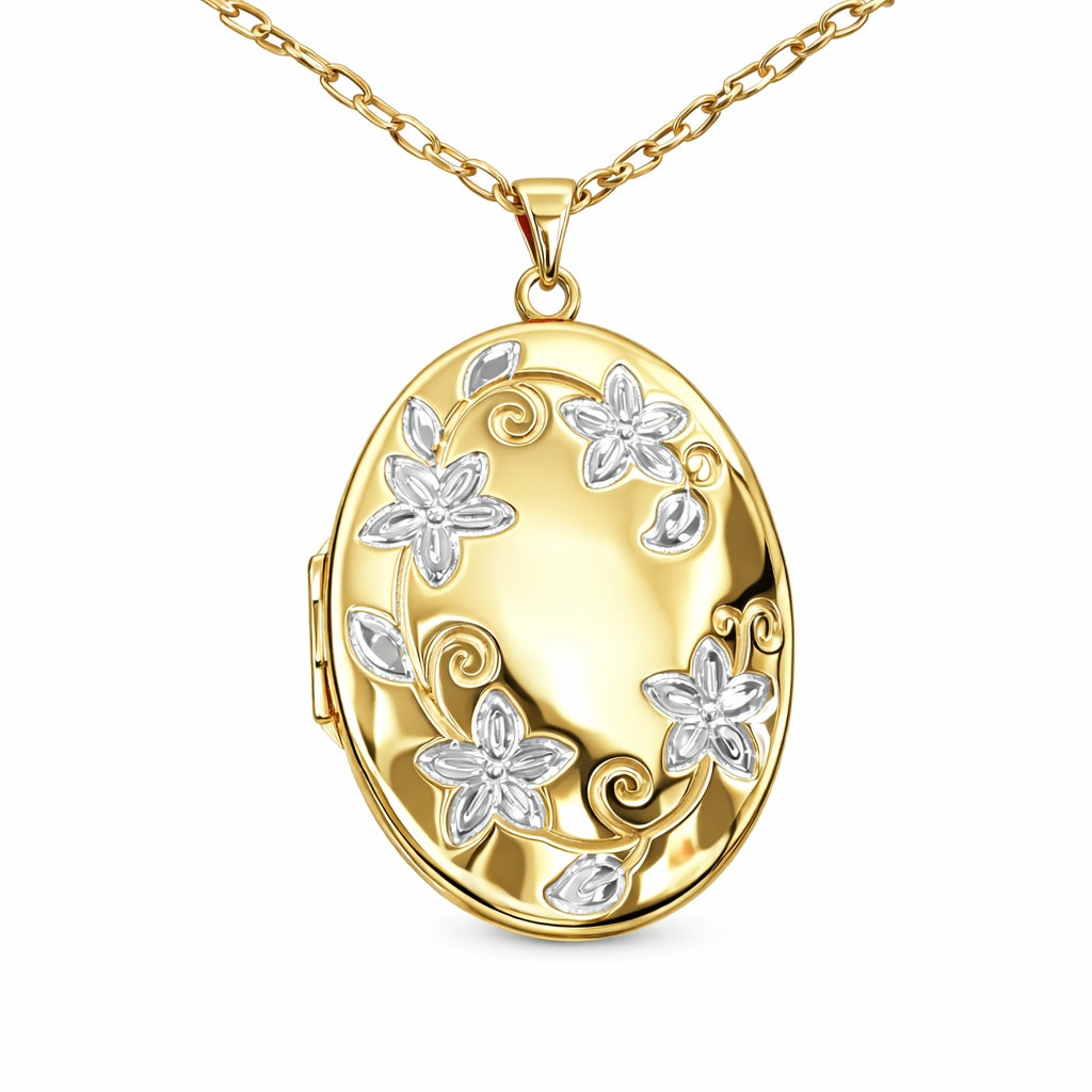 Oval Flower Locket Pendant in 9ct yellow and white gold