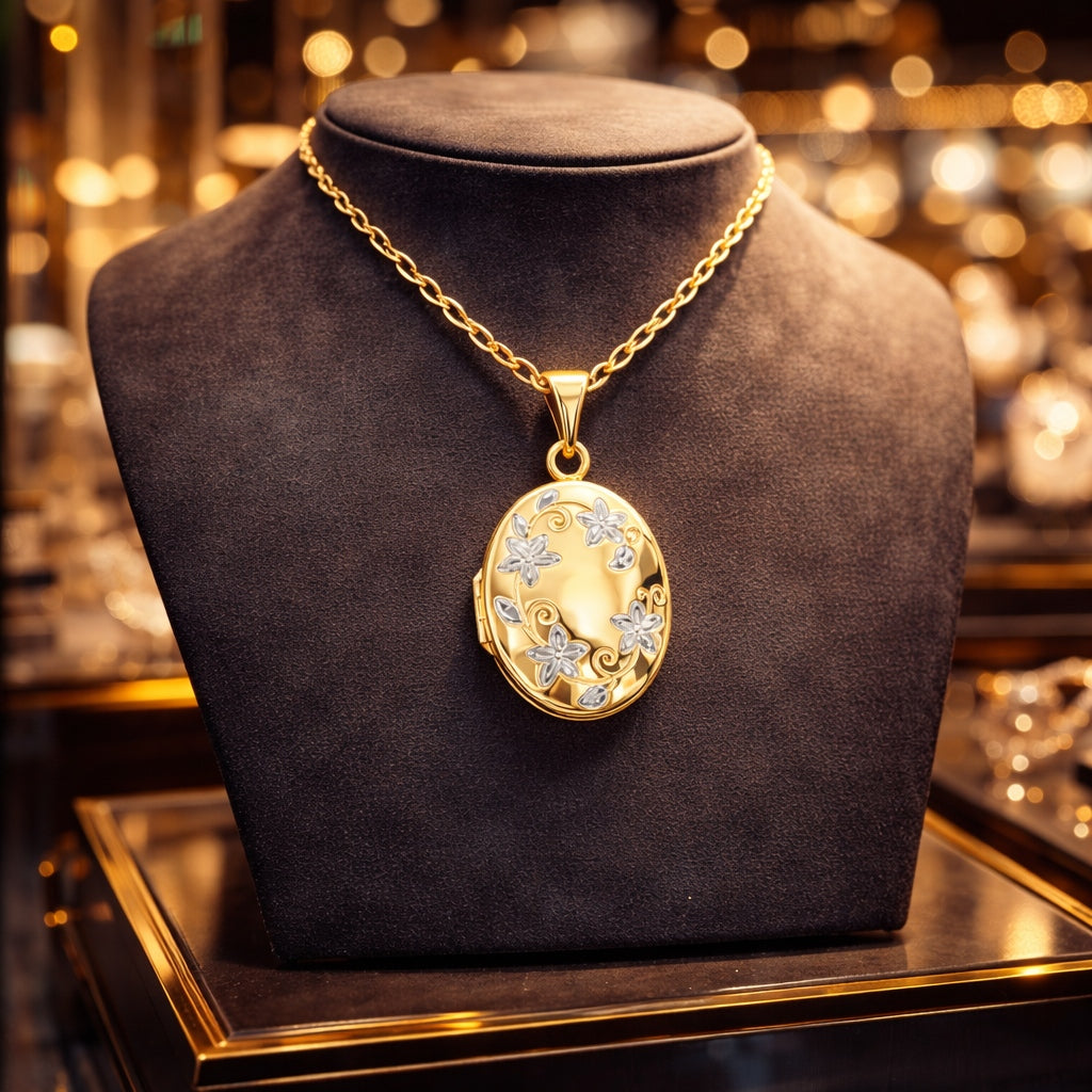 Oval Flower Locket Pendant in 9ct yellow and white gold