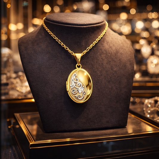 Oval Floral Locket Pendant in 9ct Yellow and White Gold