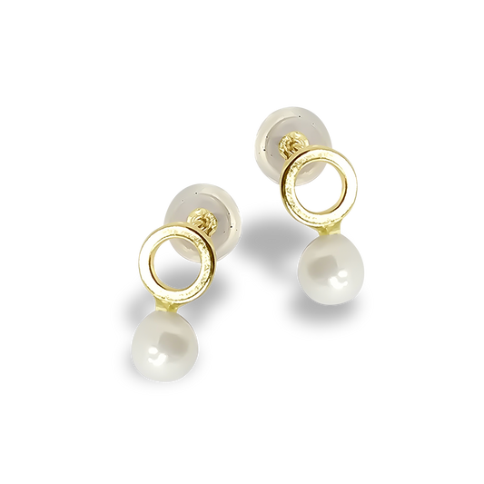 4mm Fresh Water Pearl Circle Design Huggie Studs in 9ct Yellow Gold