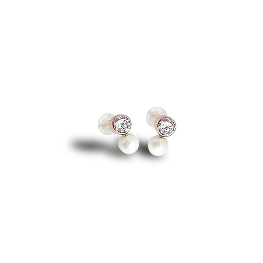 4mm Fresh Water Pearl Cubic Design Huggie Studs in 9ct Rose Gold