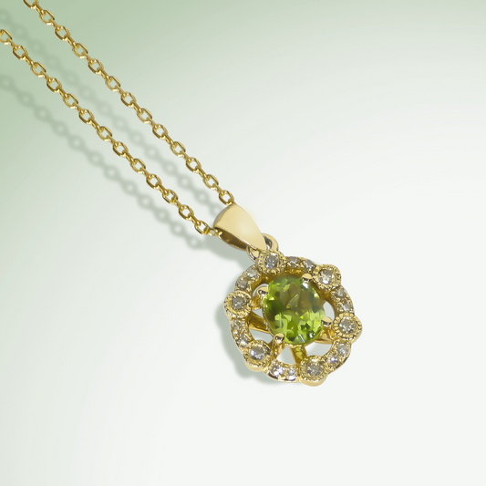 Classical Oval Peridot Outer Halo Necklace in 9ct Yellow Gold