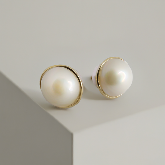 9mm Fresh Water Mabe Solitaire Tube Huggies Studs in 9ct Yellow Gold
