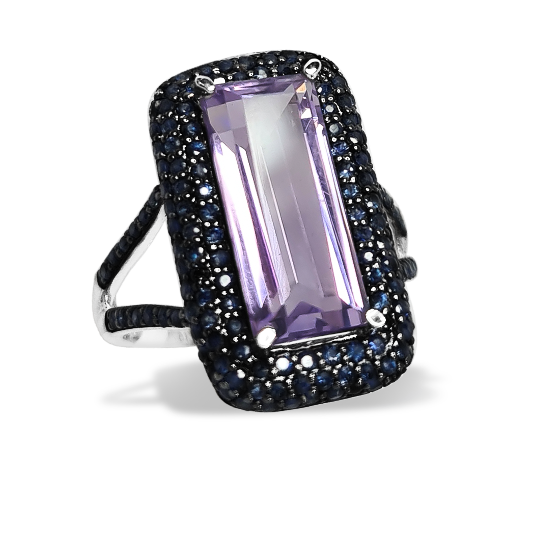 4.40ct Amethyst with 1.22ct Sapphires in Black Rhodium RIng in 9ct White Gold